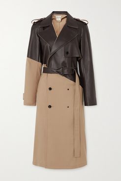 Belted Double-breasted Wool-gabardine And Leather Trench Coat - Beige