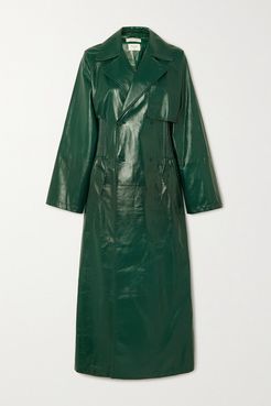 Double-breasted Shirred Glossed-leather Trench Coat - Green