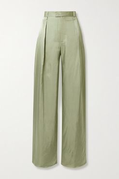 Pleated Satin-twill Wide-leg Pants - Army green