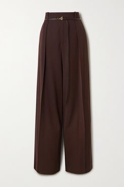 Belted Pleated Wool-twill Wide-leg Pants - Brown