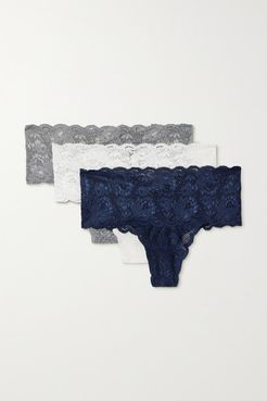 Never Say Never Set Of Three Stretch-lace Thongs - Blue