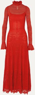 Ruffled Crocheted Cotton-blend Lace Maxi Dress - Red