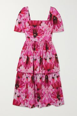 Tiered Printed Cotton-poplin Midi Dress - Pink