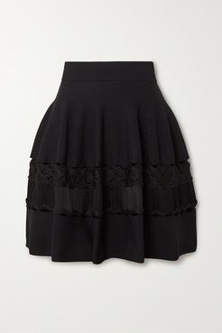 Crochet-paneled Ribbed Stretch-knit Mini Skirt - Black