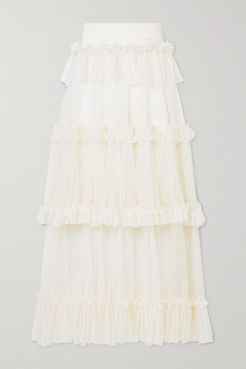 Ruffled Silk-trimmed Ribbed-knit Midi Skirt - Ivory