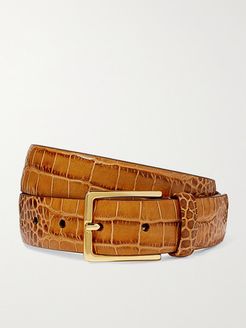 Croc-effect Leather Belt - Tan