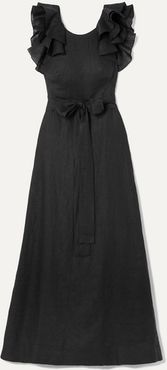 Eros Belted Ruffled Linen Maxi Dress - Black