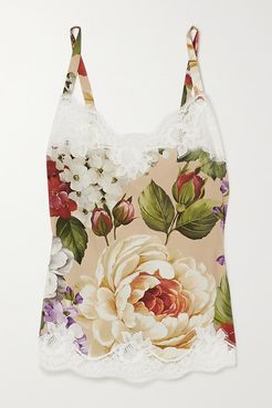 Lace-trimmed Floral-print Silk-blend Camisole - Beige