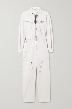 Zip-embellished Acid-wash Denim Jumpsuit - Cream