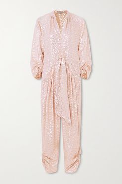 Tie-front Ruched Metallic Fil Coupé Silk-blend Jumpsuit - Pink