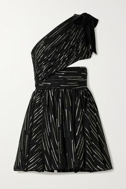 One-shoulder Cutout Metallic Fil Coupé Silk-blend Crepon Mini Dress - Black