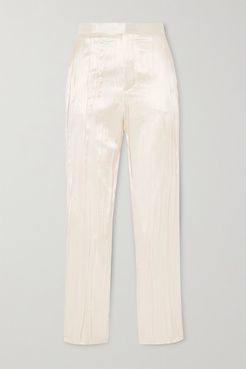 Pleated Silk-blend Satin Slim-fit Pants - Ivory