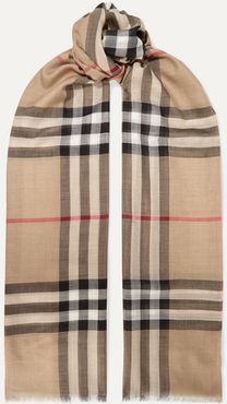 Frayed Checked Wool And Silk-blend Scarf - Beige