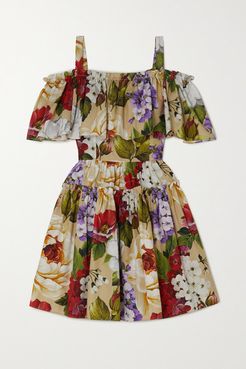 Cold-shoulder Floral-print Cotton-poplin Mini Dress - Beige