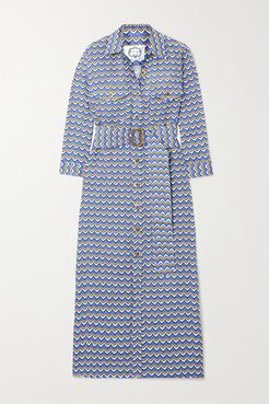 Riad Belted Printed Linen Midi Dress - Blue