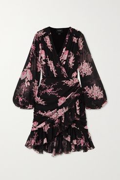 Wrap-effect Ruffled Floral-print Silk-georgette Mini Dress - Black