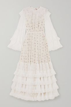Layered Tiered Tulle And Floral-print Silk Maxi Dress - Ivory