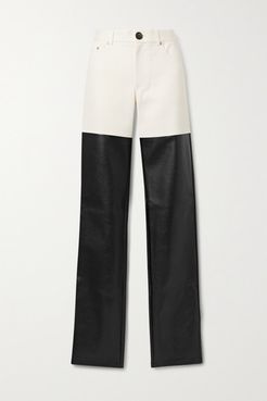 Paneled Cotton-twill And Faux Leather Straight-leg Pants - Ivory