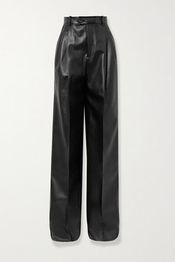 Pleated Faux Leather Straight-leg Pants - Black