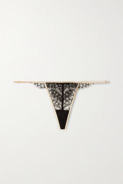 Satin-trimmed Lace Thong - Black