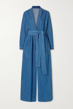 Belted Wrap-effect Denim Jumpsuit - Blue