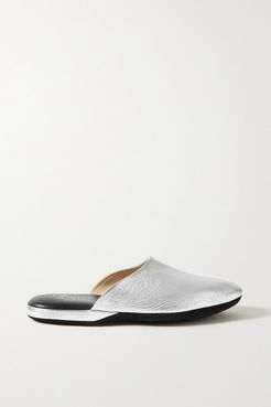 Metallic Textured-leather Slippers - Silver