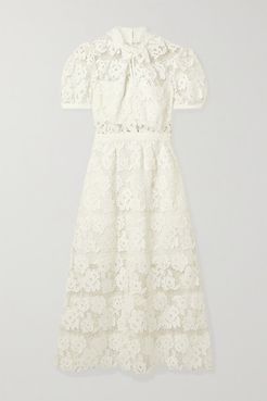 Grosgrain-trimmed Guipure Lace Midi Dress - White