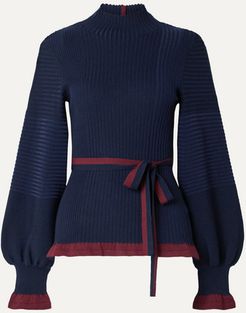 Auric Belted Ribbed Merino Wool Turtleneck Sweater - Navy