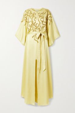 Belted Embellished Satin Gown - Pastel yellow