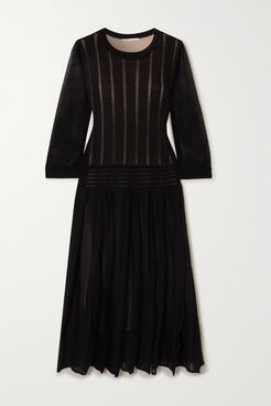 Pleated Open-knit Cotton-blend Midi Dress - Black