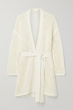 Belted Open-knit Cardigan - White
