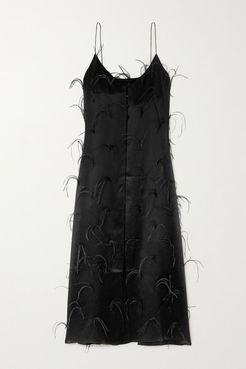 Feather-embellished Silk-satin Maxi Dress - Black