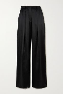 Pleated Silk-satin Wide-leg Pants - Black