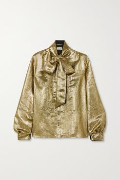 Pussy-bow Silk-blend Lamé Blouse - Gold