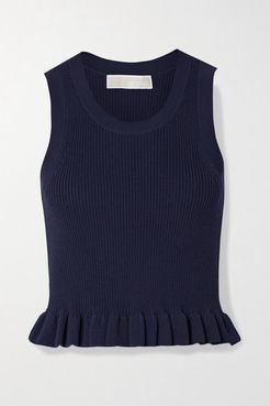 Ruffled Ribbed Stretch-knit Top - Navy