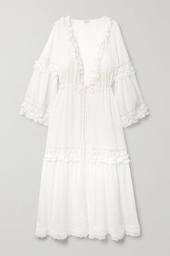 Tamara Ruffled Crochet-trimmed Cotton-blend Voile Robe - White