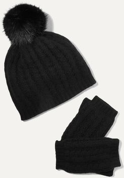 Faux Fur-trimmed Cable-knit Cashmere Beanie And Fingerless Gloves Set - Black