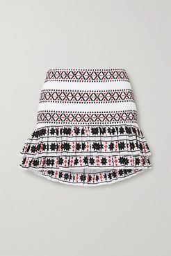 Tiered Embroidered Cotton Mini Skirt - White