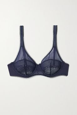 Stretch-tulle, Crochet And Satin Underwired Soft-cup Bra - Storm blue