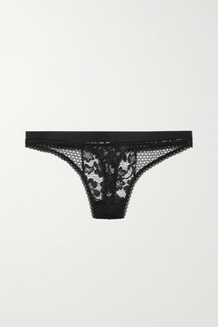 Petunia Stretch-mesh And Corded Lace Thong - Black