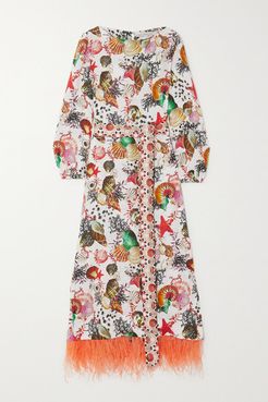 Firenze Belted Feather-trimmed Printed Linen Maxi Dress - White