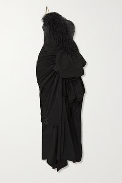 Asymmetric Feather-trimmed Crystal-embellished Taffeta Gown - Black