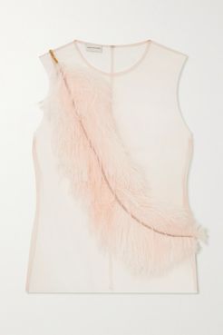 Embellished Feather-trimmed Tulle Top - Pink