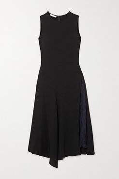 Asymmetric Paneled Crepe And Hammered-satin Midi Dress - Black