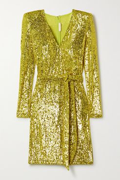 Belted Sequined Stretch-tulle Mini Dress - Chartreuse