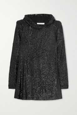 Hooded Sequined Tulle Tunic - Black