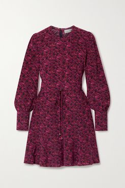 Rosette Belted Floral-print Silk Crepe De Chine Mini Dress - Magenta