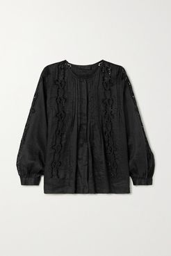 Fiona Pintucked Broderie Anglaise Ramie Top - Black