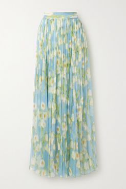 Floral-print Plissé-silk Georgette Maxi Skirt - Sky blue