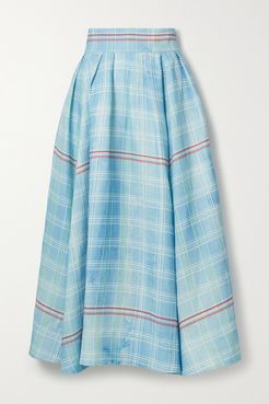 Pleated Checked Linen Midi Skirt - Blue